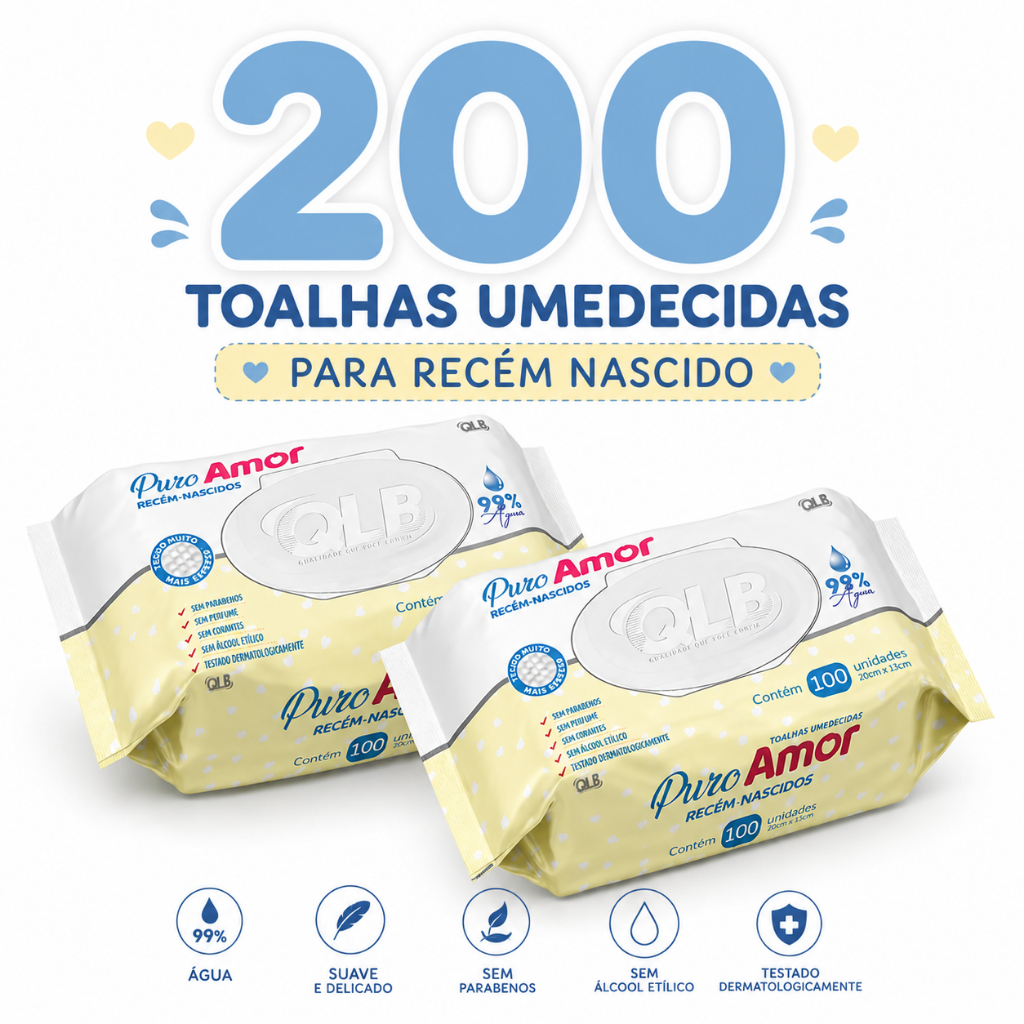 Kit com 2 Lenços/Toalhas Umedecidas Puro Amor Recém-Nascidos c/100 Unidades Cada – Tampa FlipTop