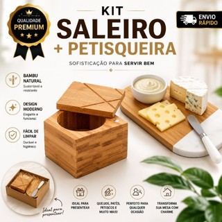 Kit Petisqueira de Bambu com Saleiro e Tampa | Ideal para Frios, Queijos, Churrasco, Aperitivos e Mesa Posta
