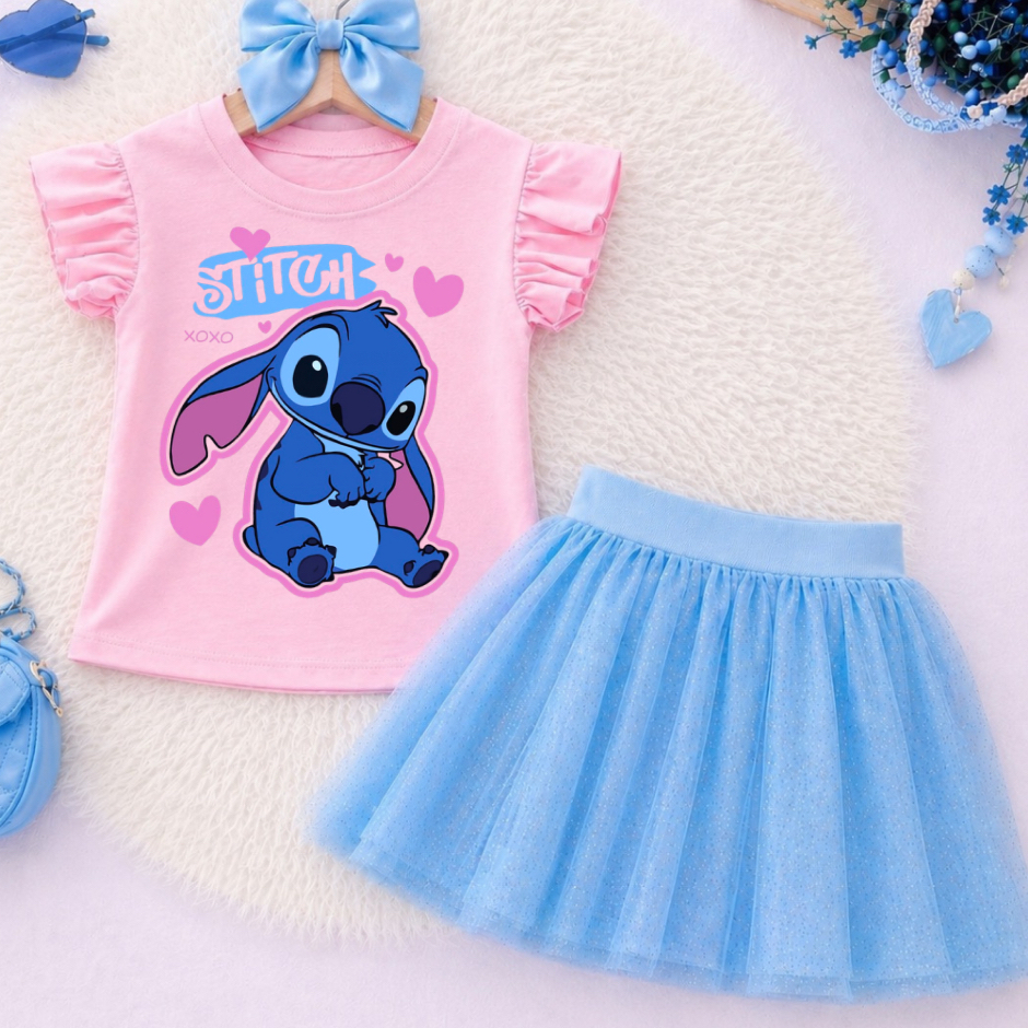 Conjunto Infantil Apaixonados Fofo stitch Roupa Menina Confortável azul e blusa rosa dia a dia festa meia estação