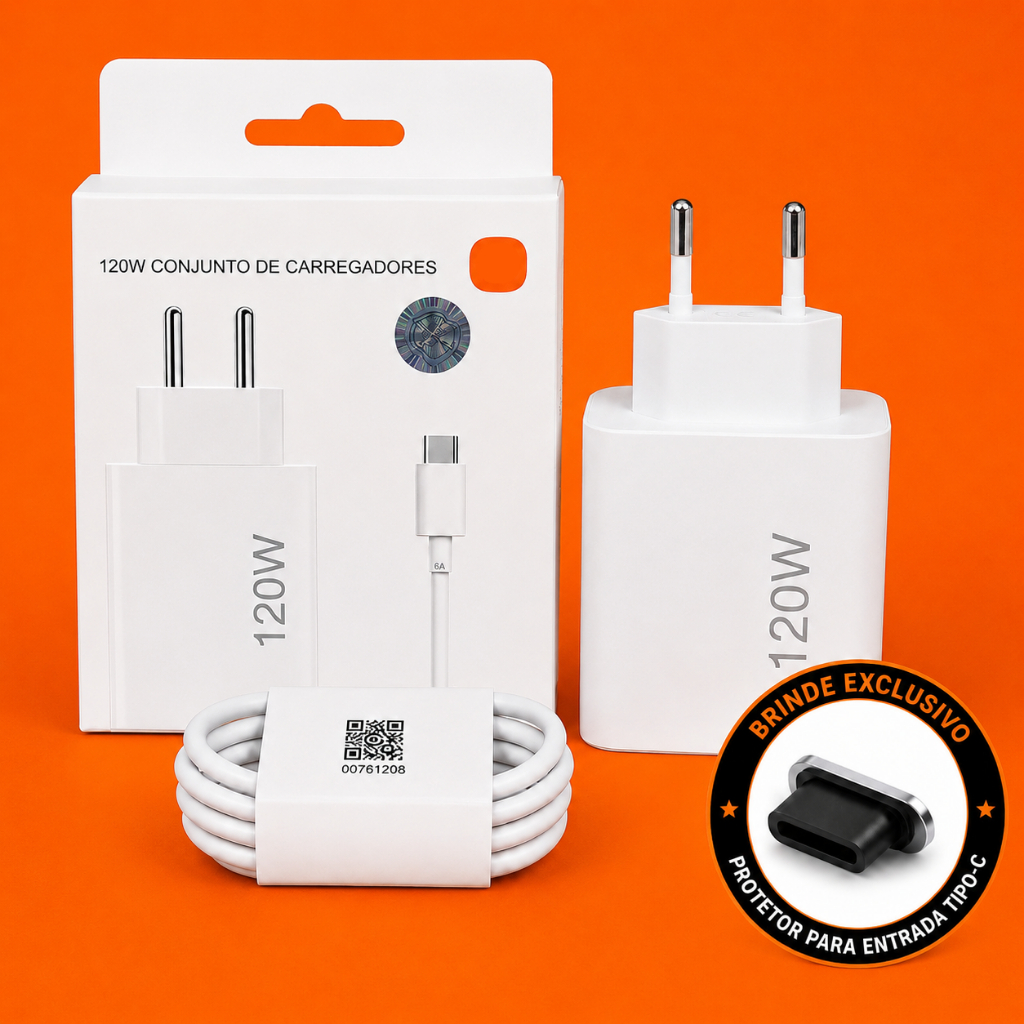 Carregador 120W Carregamento Super Rápido USB PD Cabo USB Tipo-C 6A Compatível Xiaomi Redmi Poco Bivolt