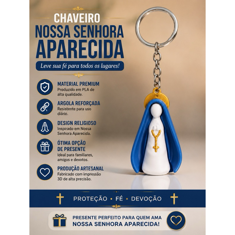 Chaveiro Nossa Senhora Aparecida 3D | Kit 1, 2 ou 5 Unidades | Lembrança Religiosa