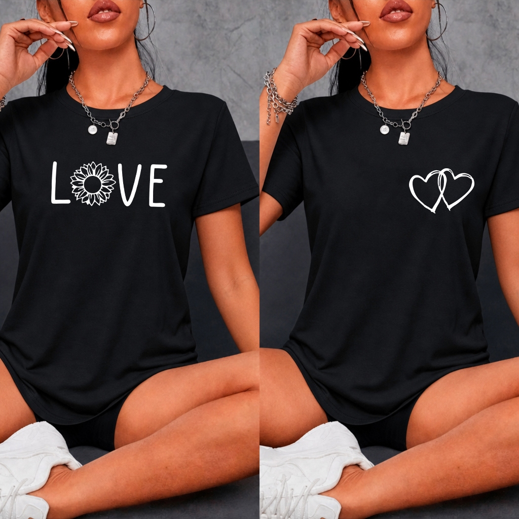 Kit 2 Blusas Femininas Camiseta Baby Look Love Coração Moda Fitness Lançamento Academia Caminhada