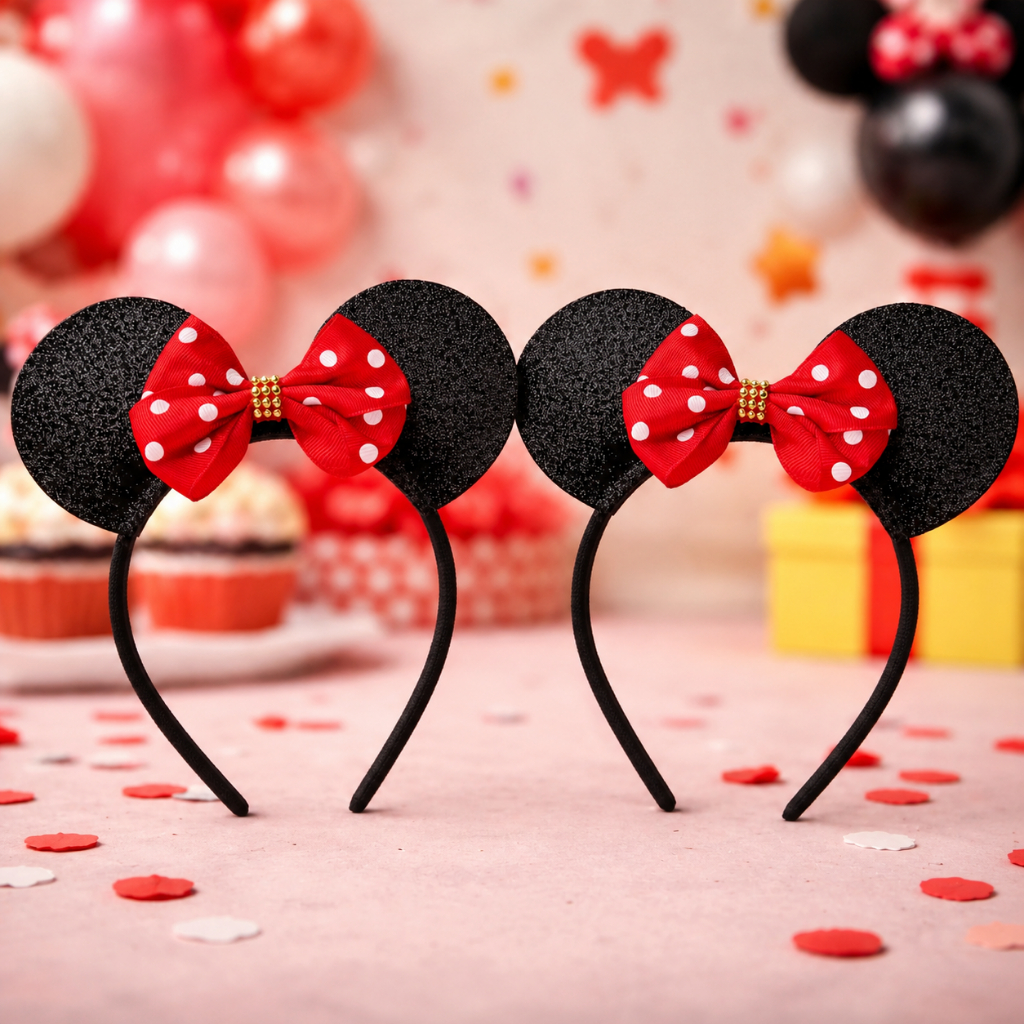 2 Arquinhos Minnie Infantil com Orelhas Glitter e Laço Vermelho Poá – Tiara para Festa e Fantasia