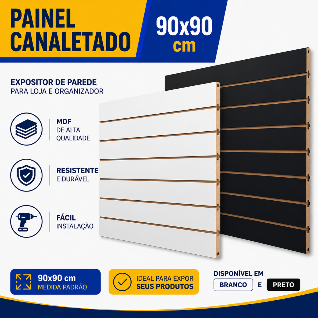 Painel Canaletado 90x90 MDF Expositor para Loja Parede Organizador Comercial Branco Preto