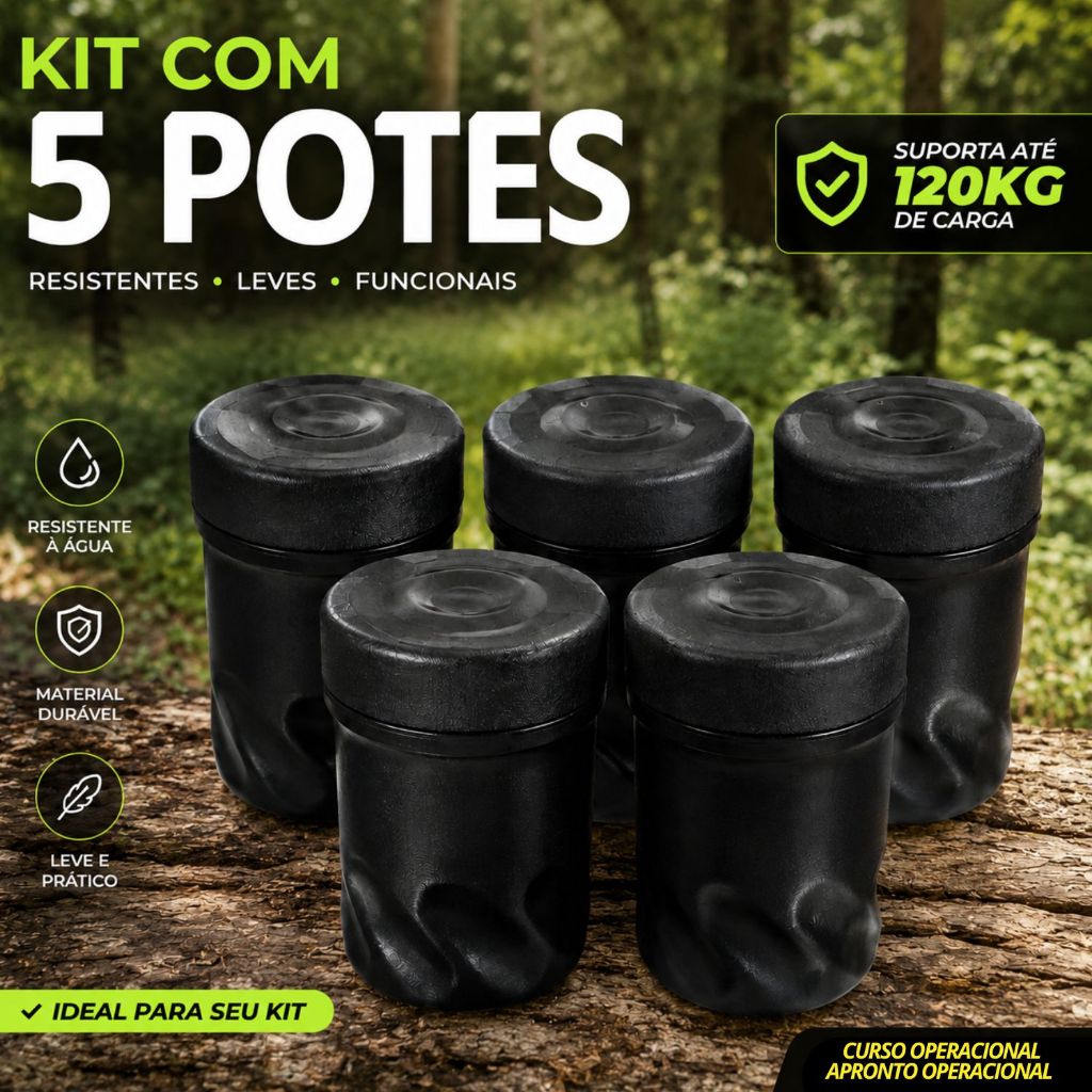 KIT 5 POTES RESISTENTES Pretos Para Campo Básico SD RECRUTA CFC ESA AMAN Curso Op Kit Militar