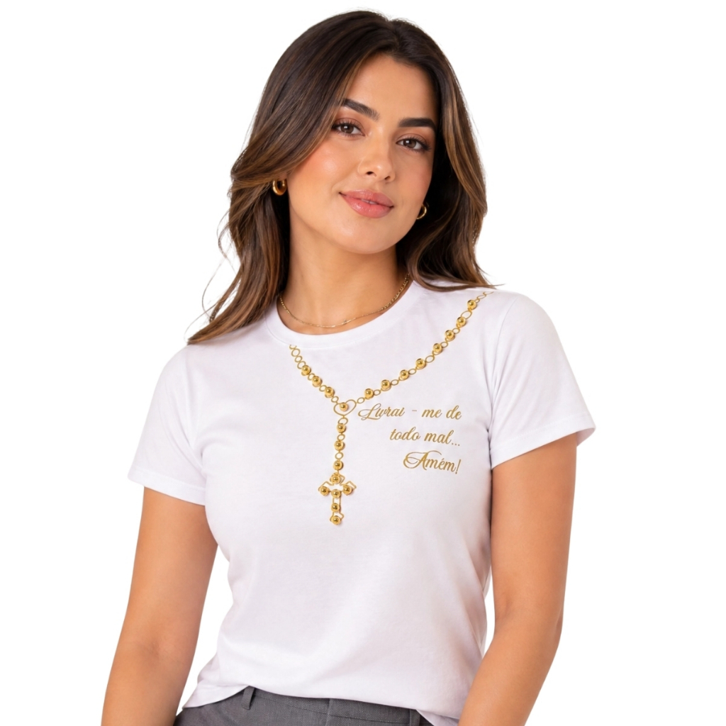 Blusa T-Shirt Feminina 100% Algodão Camiseta Moda Católica Rosário Livrai-Me do Mal Amém Com Pérolas