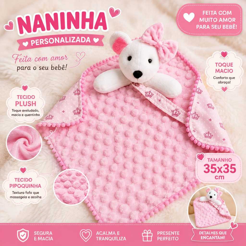 Naninha Personalizada Ursinha Elefantinho Bordada Bebê Plush Pipoquinha Com Nome Enxoval 35x35