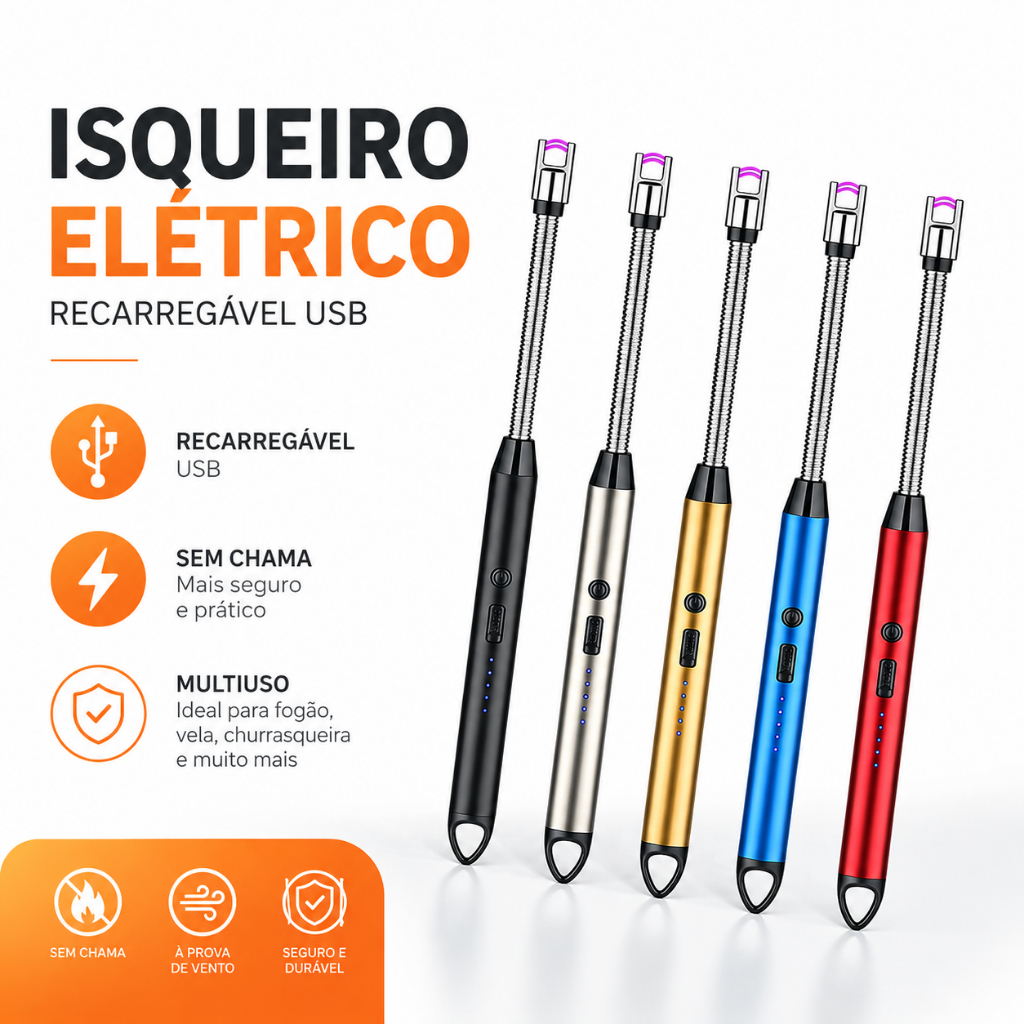 Isqueiro Elétrico USB Recarregável para Fogão Vela Churrasqueira