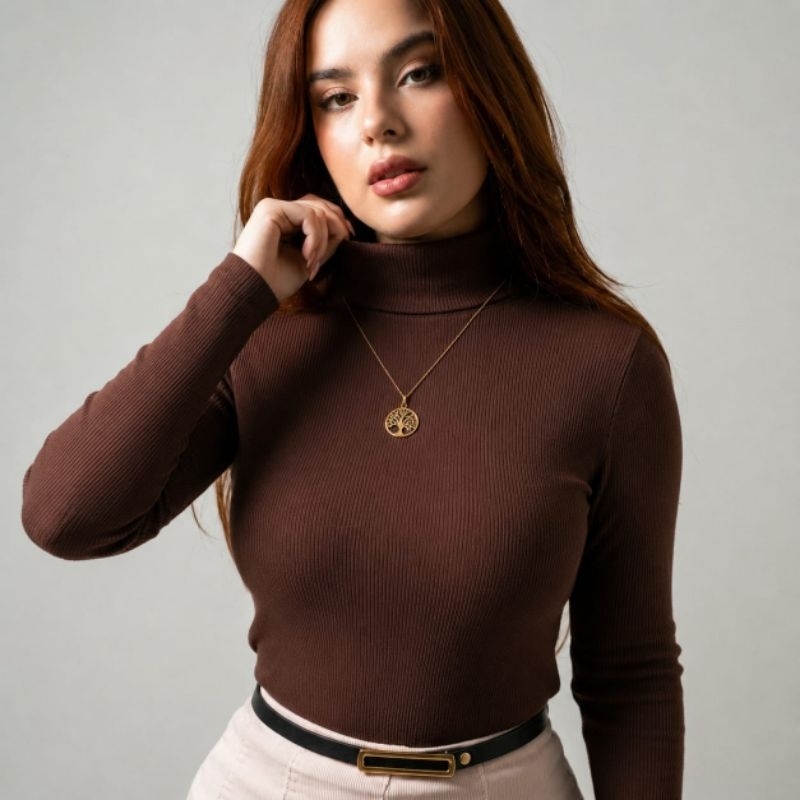 Blusa Gola Alta Feminina Ribana Canelada Algodão com Poliéster Segunda Pele Confortável e Quentinha Inverno