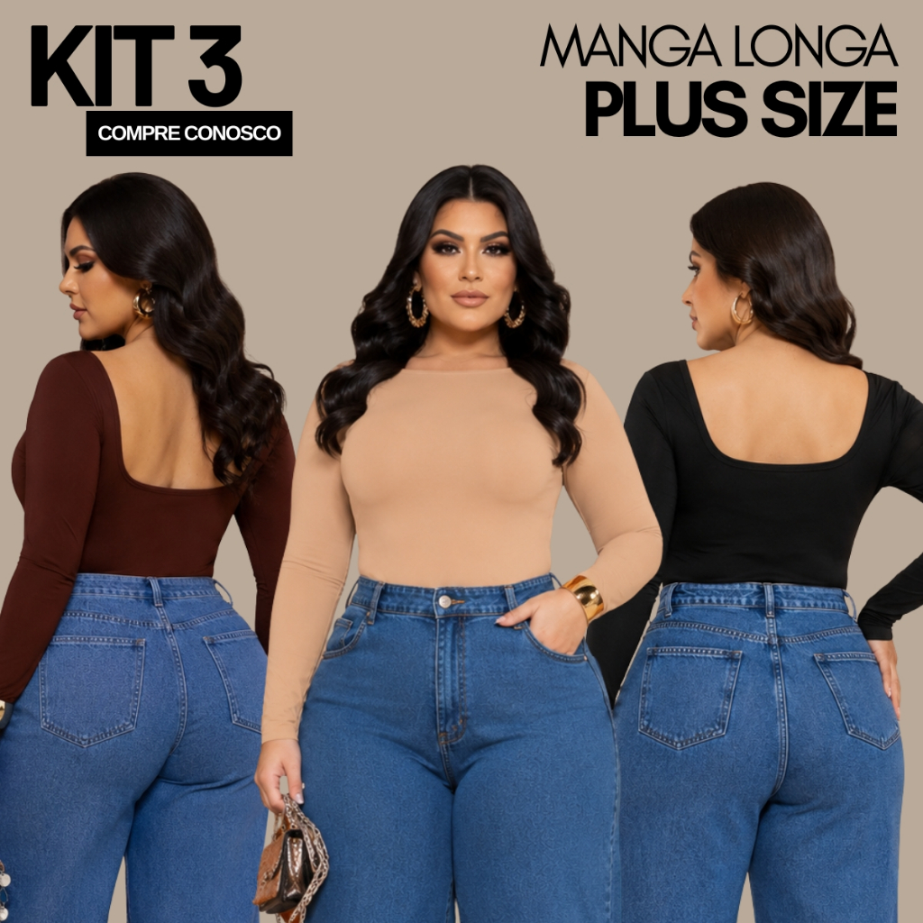 KIT 3 Blusas Manga longa Feminino Costa Nua Plus size Estilosa Y2K Casual Suplex Inverno