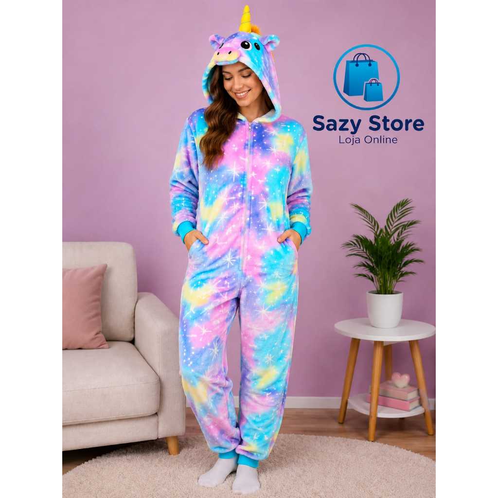 Kigurumi Unicórnio Adulto Feminino Pijama Macacão Flanelado Quentinho Inverno