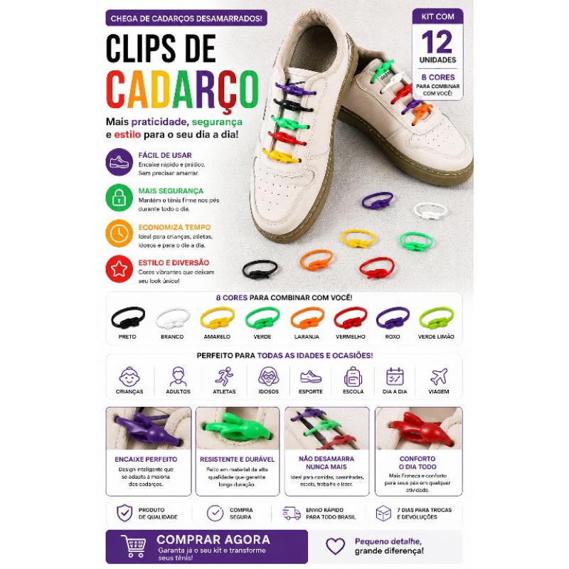 Cadarços Elásticos de Silicone Sem Amarração para Todas as Idades 12 Unidades