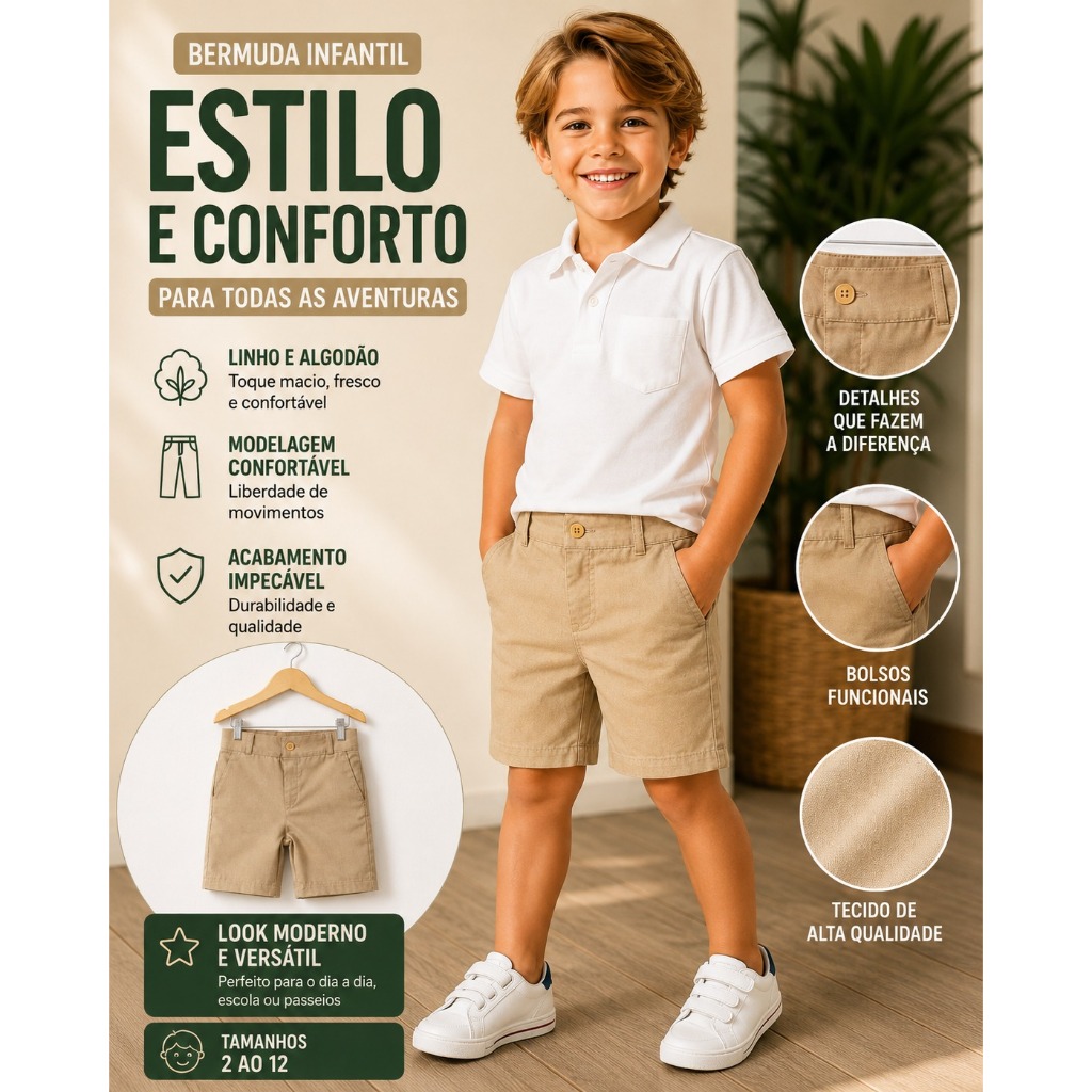 Bermuda Infantil Menino Social em Linho | Tecido elegante e leve