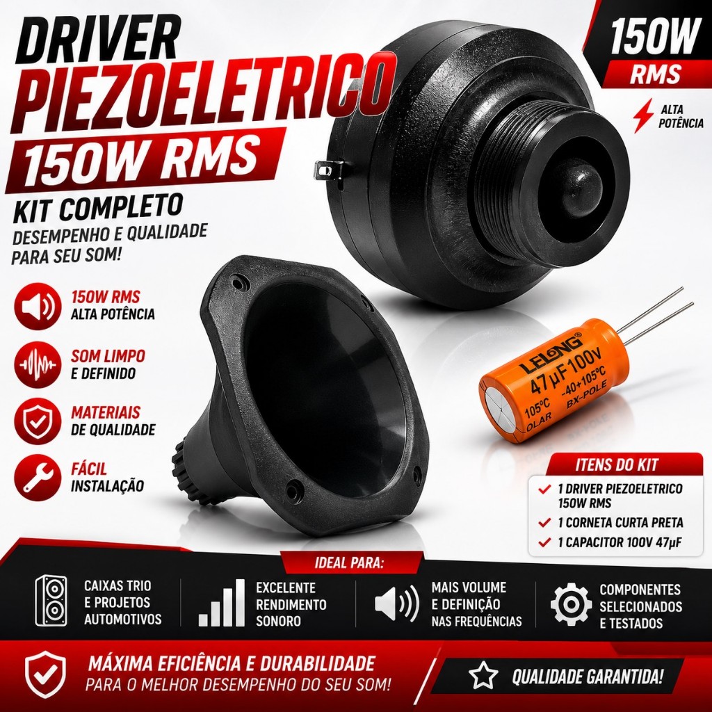 Driver Piezoeletrico 150w + Corneta Curta Preta + Capacitor som automotivo
