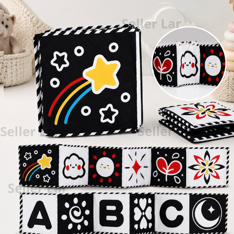 Detalhes do Brinquedo Livro De Pano Macio Para Bebês Alto Contraste Preto E Branco Sensorial De Pequeno Porte