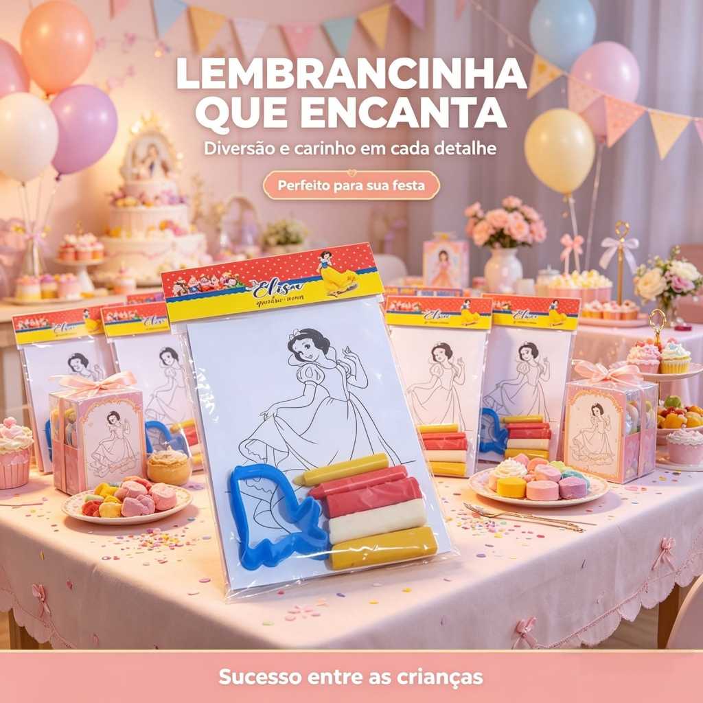 Kit Para Colorir Premium Branca de Neve Personalizado para Festa Infantil + Kit Massinha + Giz, Lembrancinha Criativa