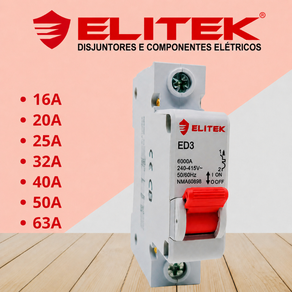 Disjuntor Monopolar Unipolar 1Polo 16A 20A 25A 32A 40A 50A 63A Din CURVA C ED3 Elitek