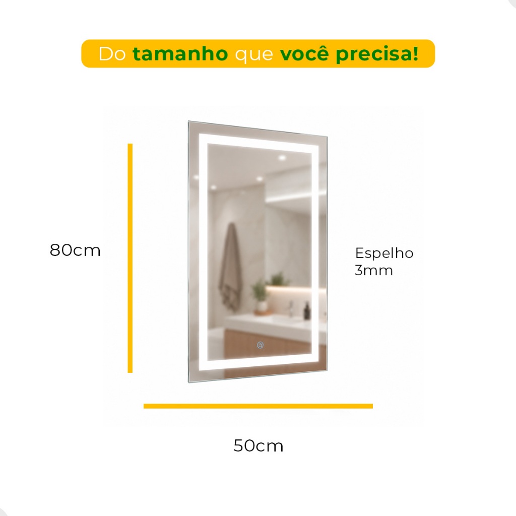 Espelho com Led Espelho de Banheiro 50x80cm Touch Maquiagem Espelho Selfie Retangular 3 Cores — imagem 2 de 2