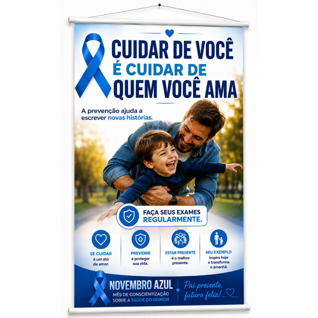 Banner Novembro Azul Saúde do Homem Campanha Prevenção produzido em lona. Cartaz para Empresas Hospital Clinicas Pub1130