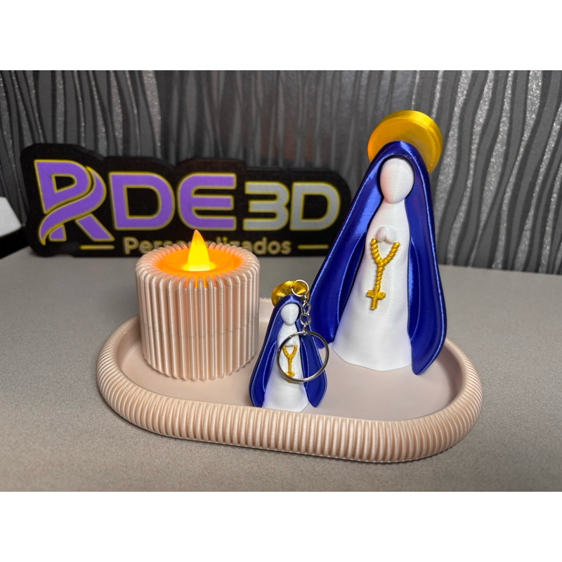 Kit Nossa Senhora Decorativo com Vela LED + Chaveiro Brinde | Decoração Religiosa Impressão 3D