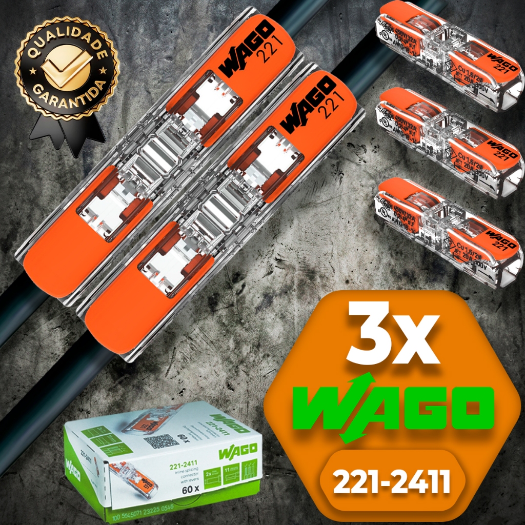 Conector de Fio Elétrico Wago Conector Wago 221-2411 Emenda 4mm² conexão automática Kit 3 peças