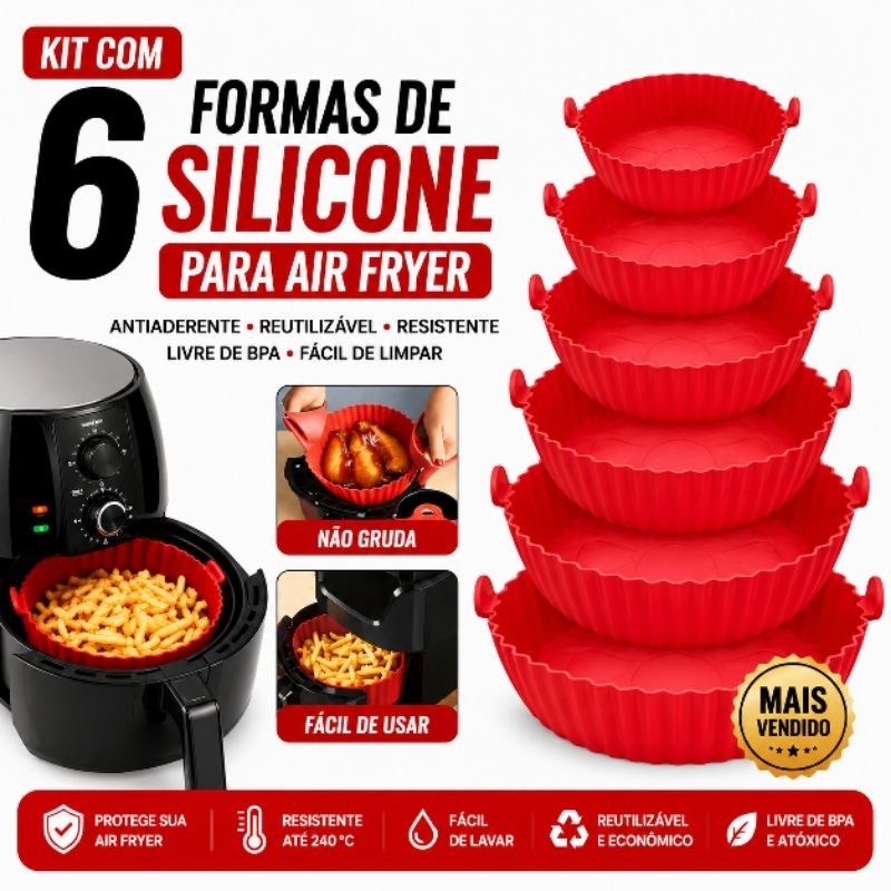 Forma Silicone Air Fryer Antiaderente Não Gruda Fácil Limpeza Kit 6 Reutilizável Resistente 240°C