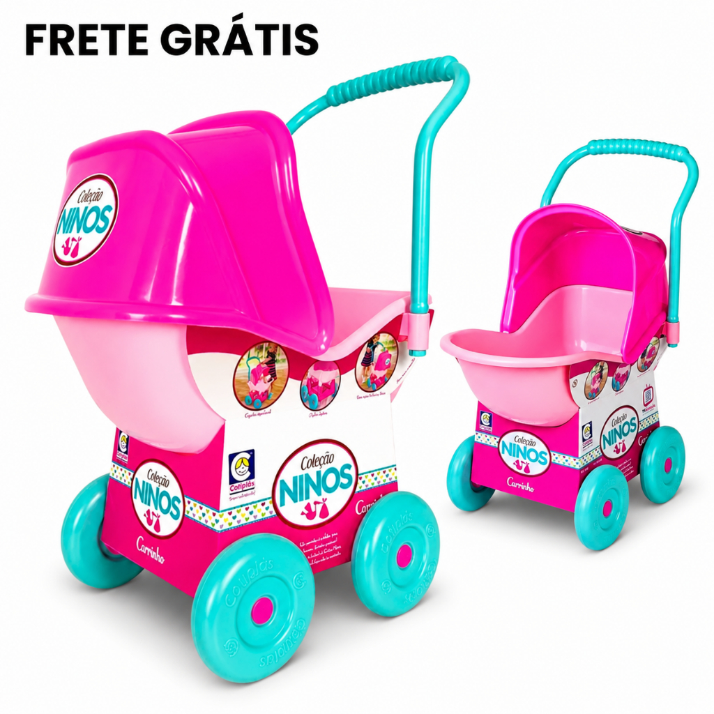 Carrinho de Boneca Grande Bebe Reborn Rosa Ninos Cotiplás Infantil Passeio Brinquedo Meninas 62cm