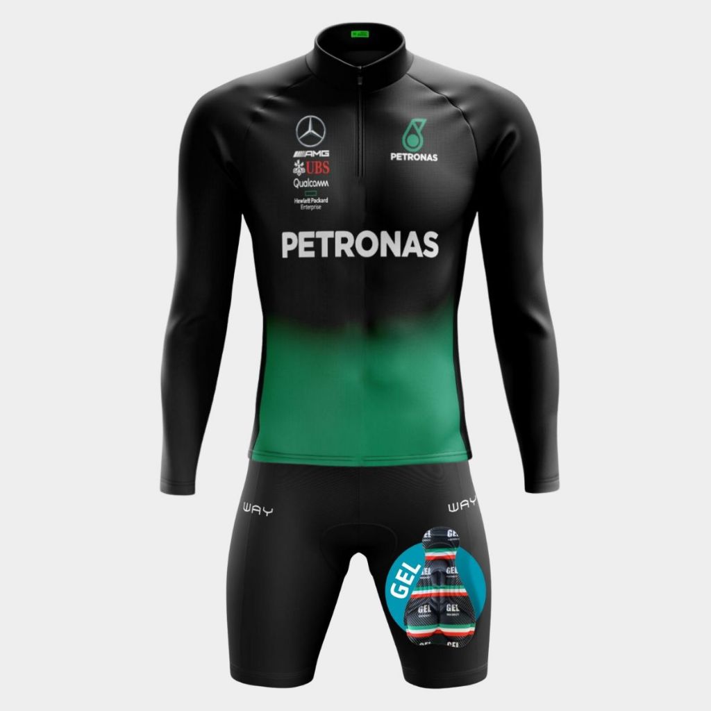 Conjunto Ciclismo Masculina Camisa Petronas Manga Longa e Bermuda Forro Gel Uv Mtb