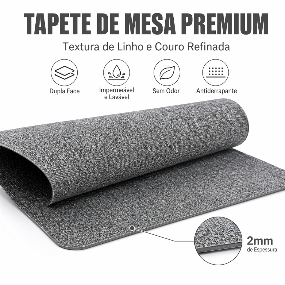 Tapete de Mesa Premium Textura Linho 40x80cm, Mousepad Grande Resistente à Água para Escritório e Gamer