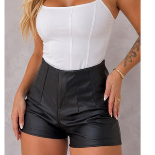 Shorts Feminino De Couro Fake Tecido Cirre Short Preto PP P M G GG