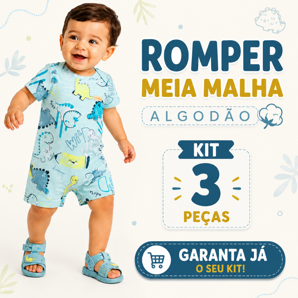 Kit 3 Peças Romper Meia Malha Liso Estampado Menino Verão 100% Algodão Lote 3 Peças Tam 1/2/3/P/M/G