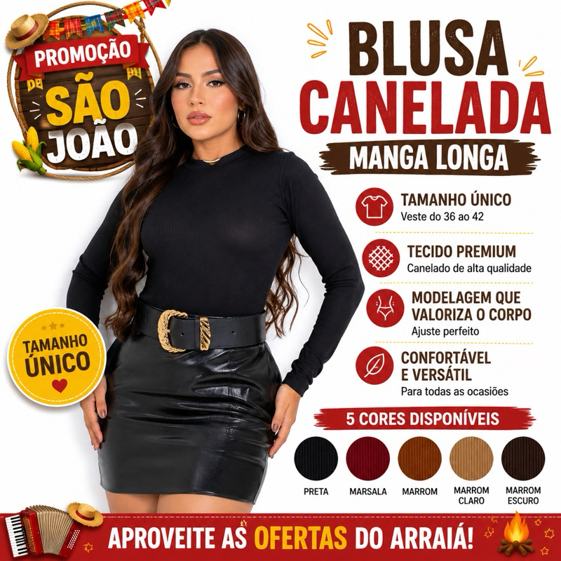 Blusa Feminina manga linga Canelada Suede Ajustada Tamanho Único Elegante Confortável Chararrel