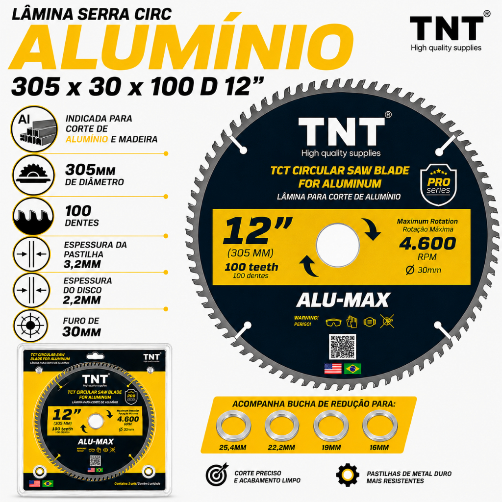 Lamina Serra Circular TNT Alumínio 305 x 30 x 100 Dentes Pro Series