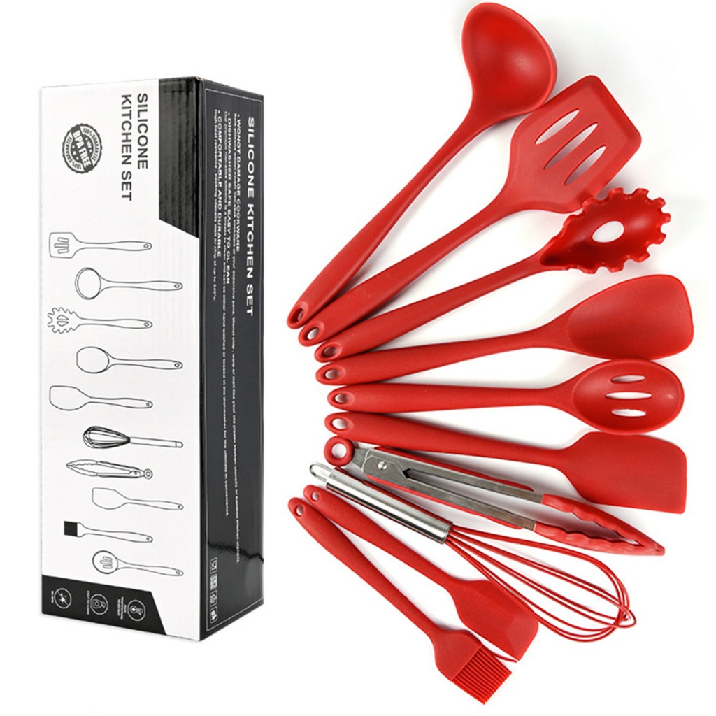 Kit 10 Peças Utensílios Silicone Inox Cozinha Antiaderente Resistente Premium