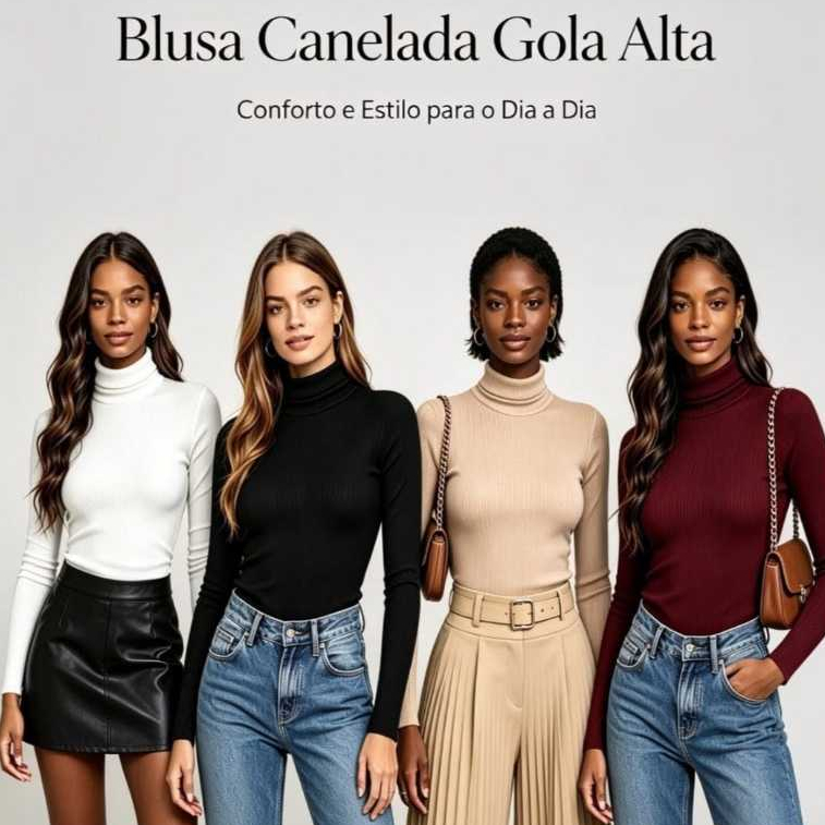 Blusa Feminina Canelada - Gola Alta Manga Longa - Cacharrel Segunda Pele - Blusinha Basica Tshirt