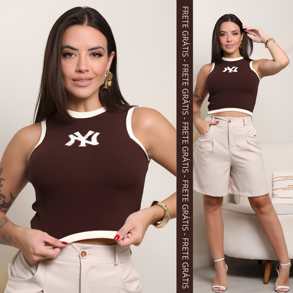 Cropped Regata Feminino Tricot Modal Bicolor Canelado Básico Casual Tendência Moda Inverno