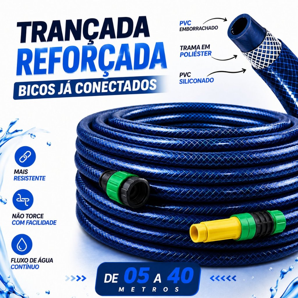 Mangueira Jardim Trançada Azul 05 a 40 Metros Mangueira Pronta para o Uso - Tripla Camada