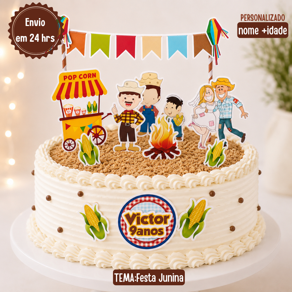 Topo de Bolo Festa Junina Personalizado | Arraiá Completo com Bandeirolas | Envio em 24 Horas