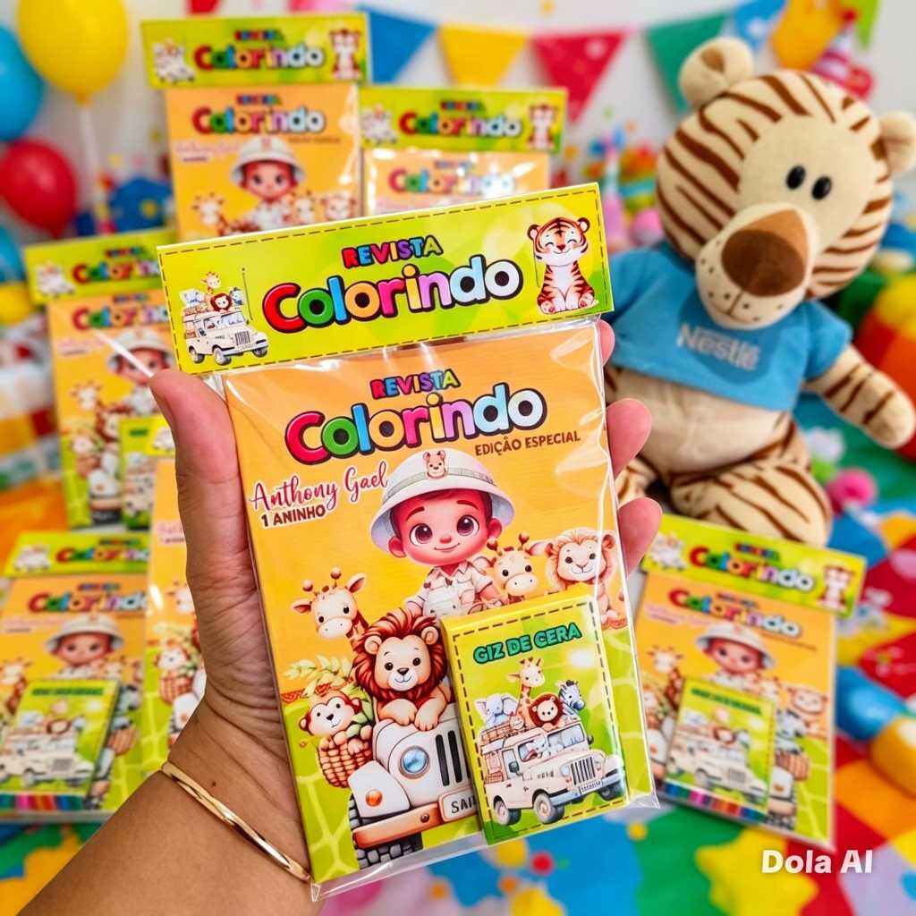 Kit Revista Colorir + Giz Festa Safari, Personalizado| Lembrancinhas Aniversário, Brindes.