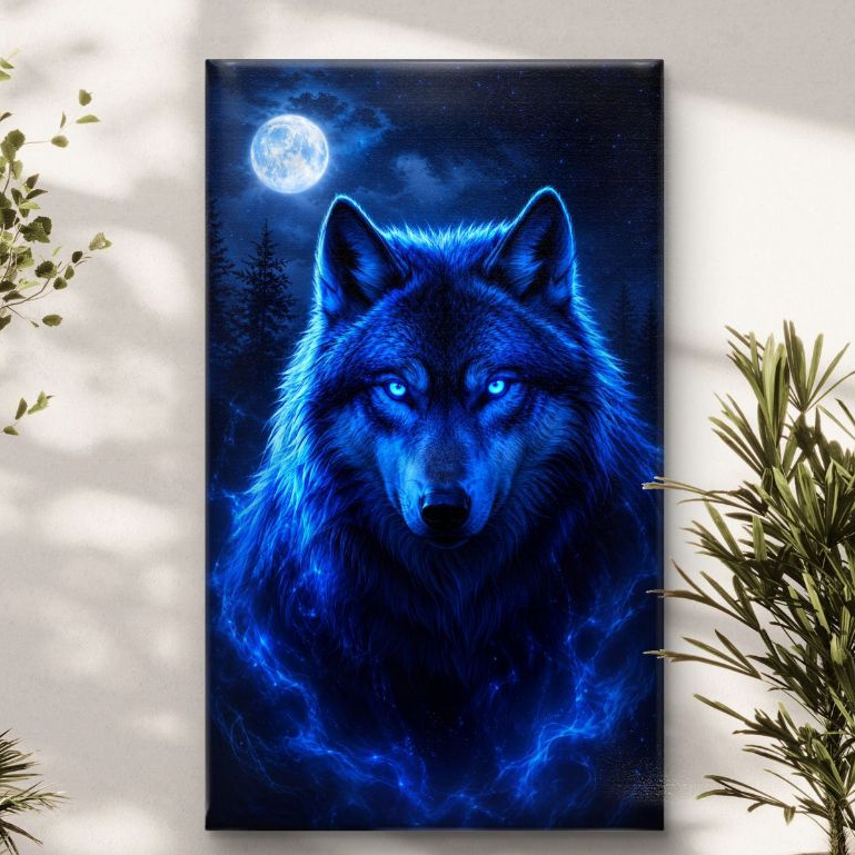 Quadro Lobo Azul Místico Decorativo MDF 70x110 Lua Cheia