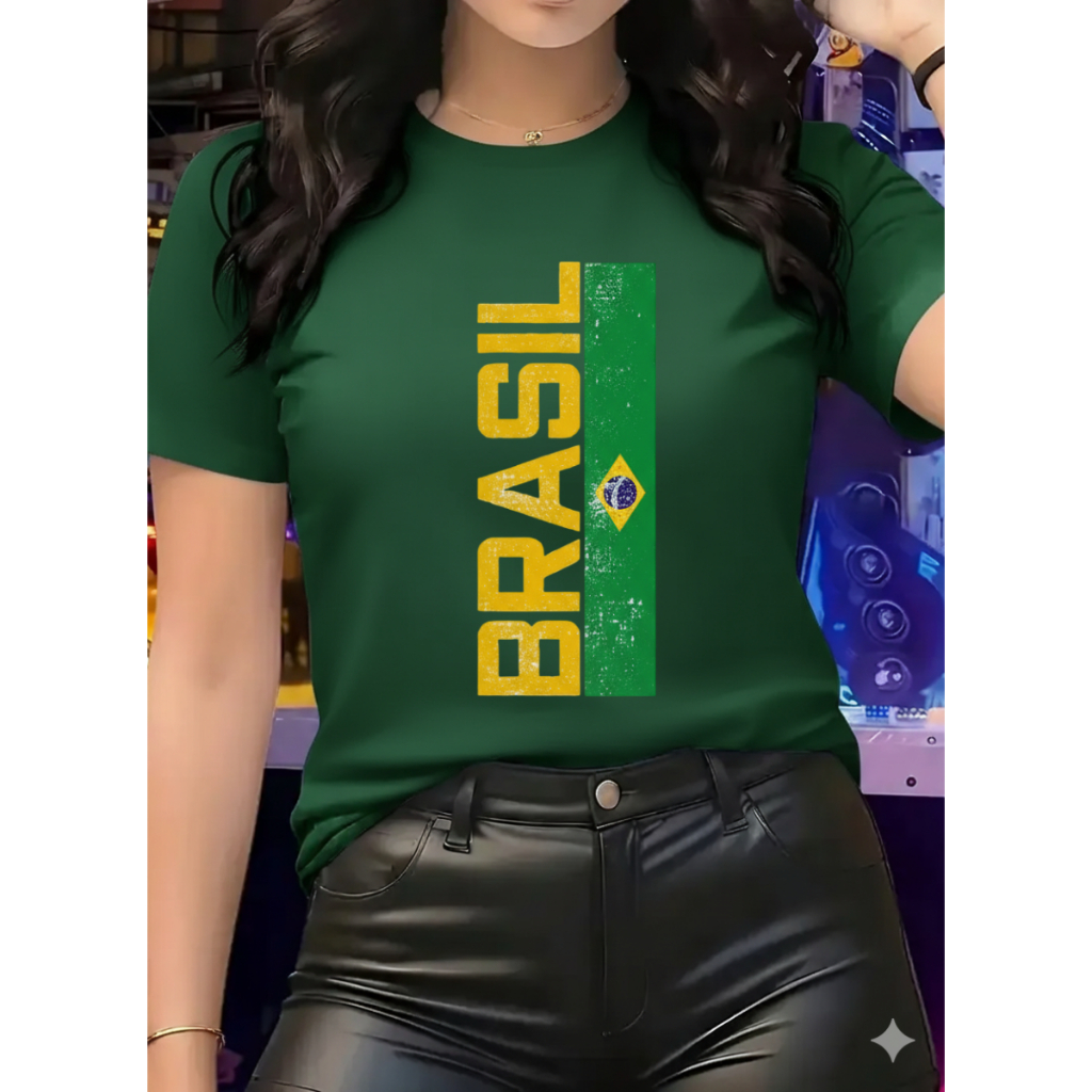 Camiseta T-hirt Feminina Brasil Algodão Gola Redonda Casual Copa do Mundo
