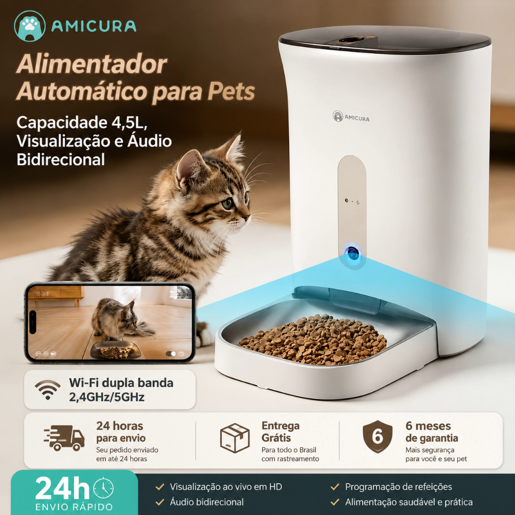 Comedouro Gato Cachorro Automático Amicura F1 Pro Câmera 2K Visão Noturna App, Bateria 120 Dias para Cães e Gatos