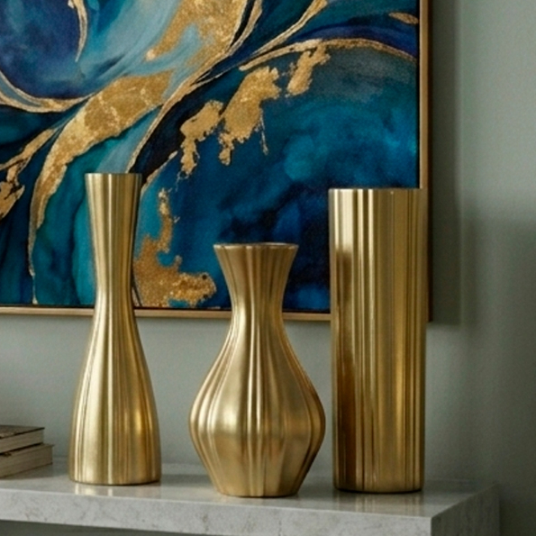 Conjunto 3 Vasos Cerâmica Dourado Jarro Decoração Enfeite Sala Mesa Cozinha Moderna Peças Decorativa