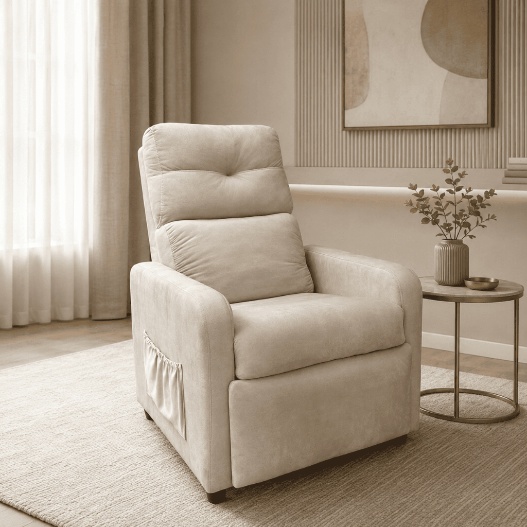 Poltrona Do Papai Reclinável Veludo Bege Reclinável Liz Com 2 posições Confortável Sala Ergonômico