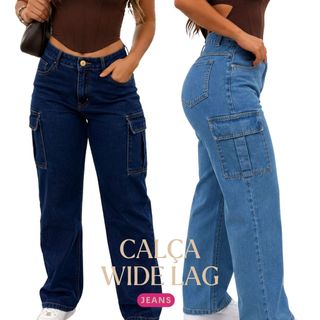 Calça Jeans Wide Leg Cargo Feminina Cintura Alta Com Bolso Lateral Calça Wide Leg 38 ao 46 Moda Plus