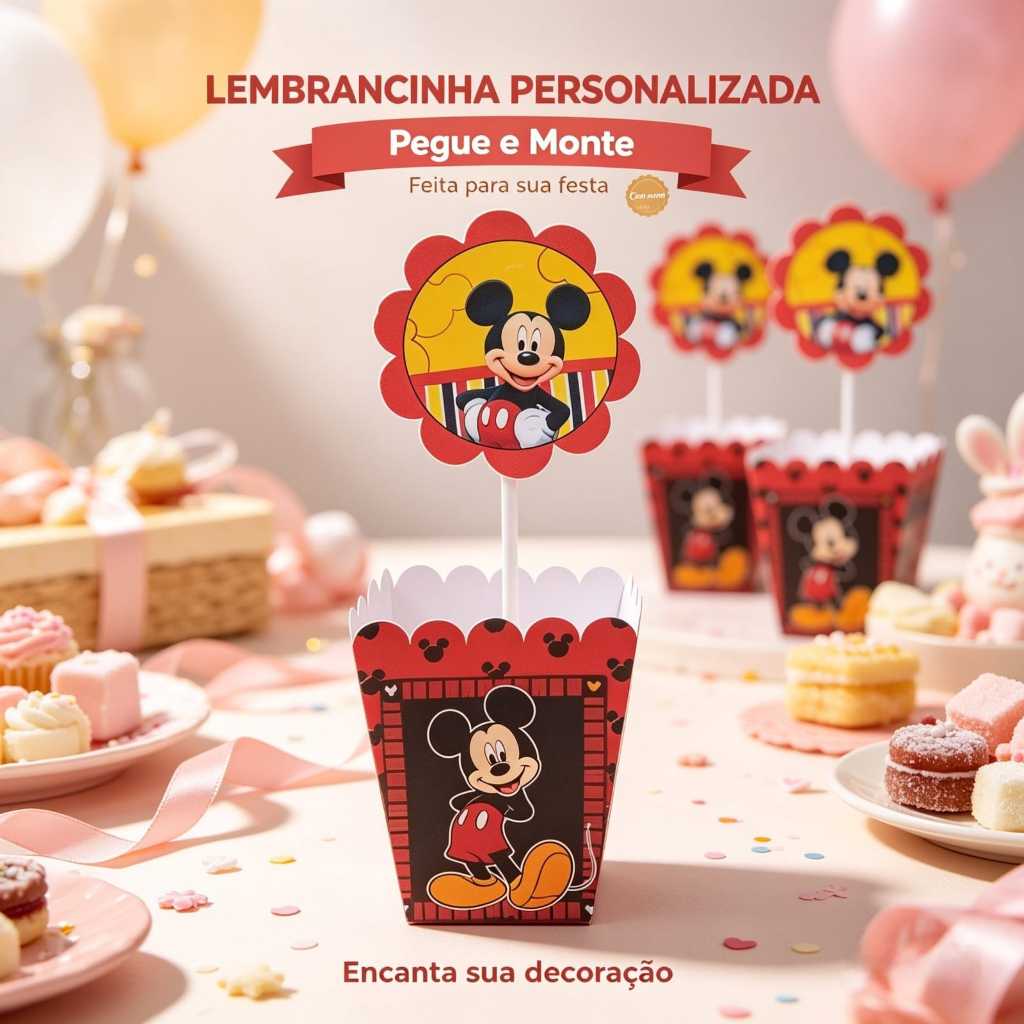Centro de Mesa Cachepô Personalizado Mickey Festa Infantil, Lembrancinha Criativa
