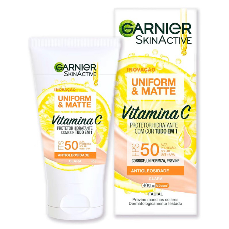 Protetor Hidratante Facial Garnier Uniform & Matte Vitamina C FPS 50, 40g pele clara