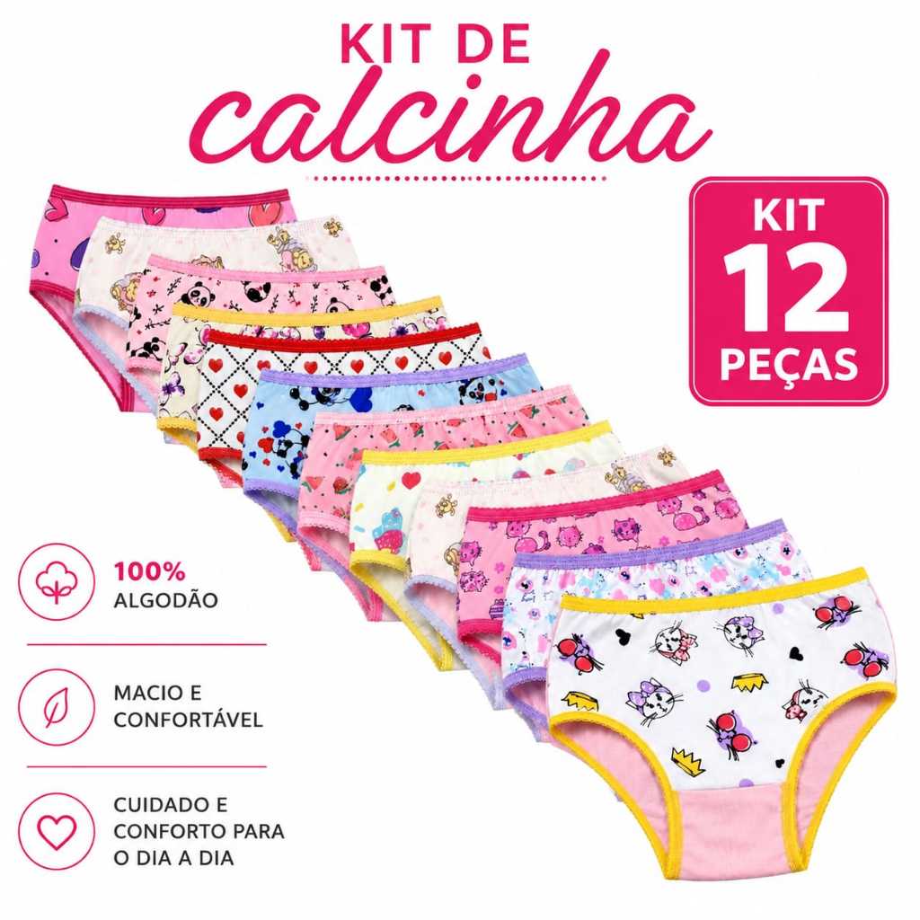 Kit com 12 Calcinhas Infantil 100%Algodao estampas sortidas