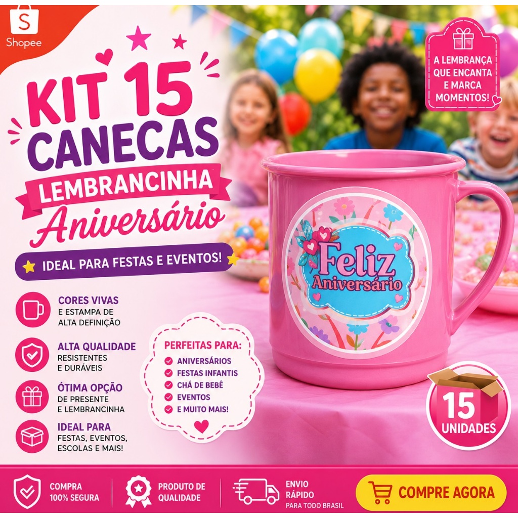 Lembrancinha festa aniversario infantil kit 15 canecas plástico personalizada menina presente barato