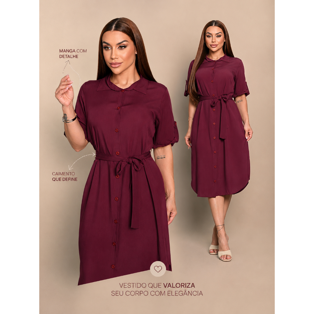Vestido Feminino Moda Evangélica Faixa Cinto Botões Frontais Confortável Elegante Evangelica